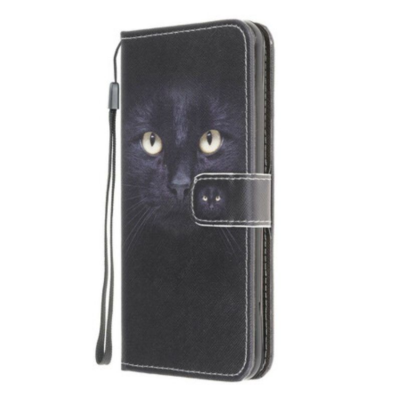 Folio-hoesje voor Samsung Galaxy M12 / A12 Met Ketting Strappy Zwarte Kattenogen