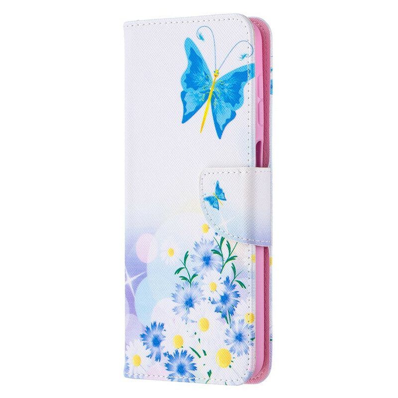 Leren Hoesje voor Samsung Galaxy M12 / A12 Geschilderde Vlinders En Bloemen