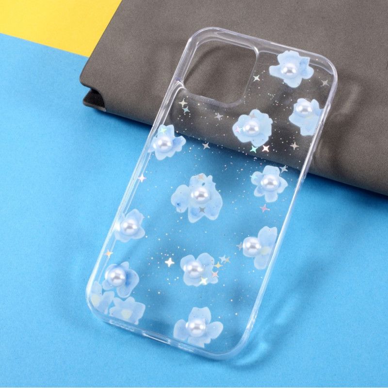 Case Hoesje iPhone 12 / 12 Pro Transparant Lichtblauw Telefoonhoesje Bloemen En Parels