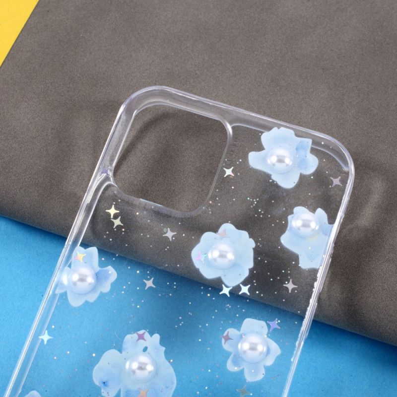 Case Hoesje iPhone 12 / 12 Pro Transparant Lichtblauw Telefoonhoesje Bloemen En Parels