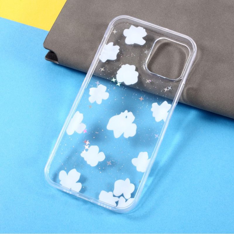 Case Hoesje iPhone 12 / 12 Pro Transparant Lichtblauw Telefoonhoesje Bloemen En Parels
