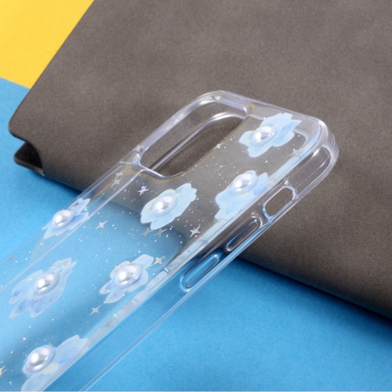 Case Hoesje iPhone 12 / 12 Pro Transparant Lichtblauw Telefoonhoesje Bloemen En Parels