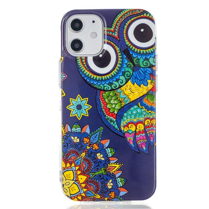 Cover Hoesje iPhone 12 / 12 Pro Telefoonhoesje Fluorescerende Mandala-Uil