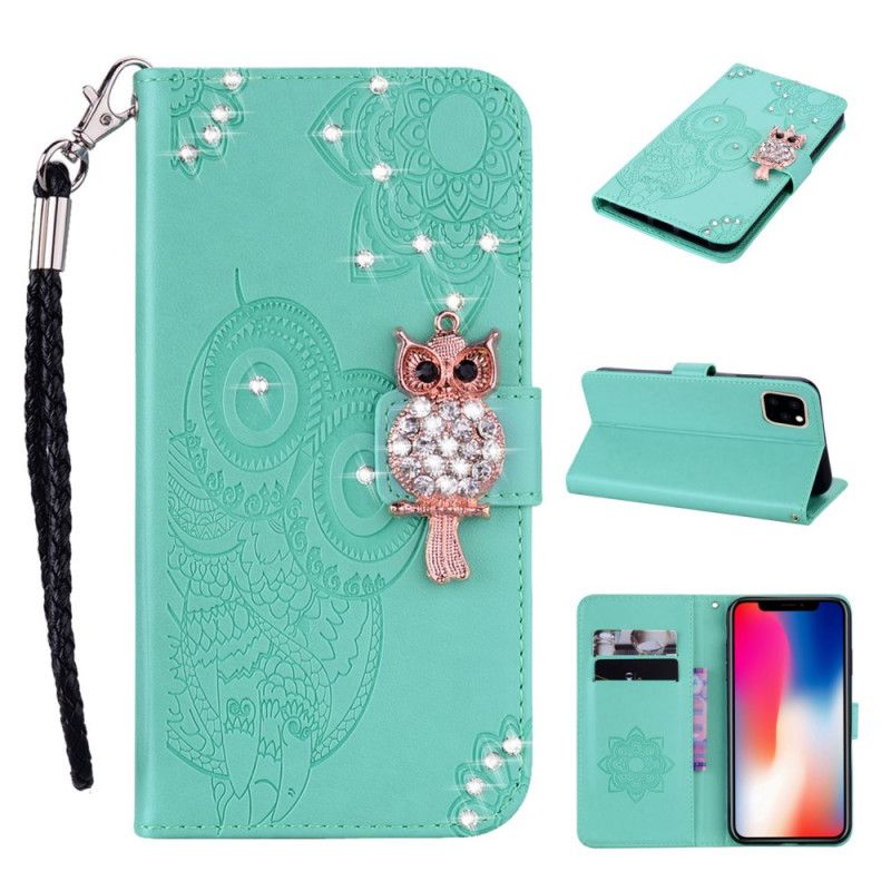 Flip Case Leren iPhone 12 / 12 Pro Magenta Grijs Uilenmandala En Bedel