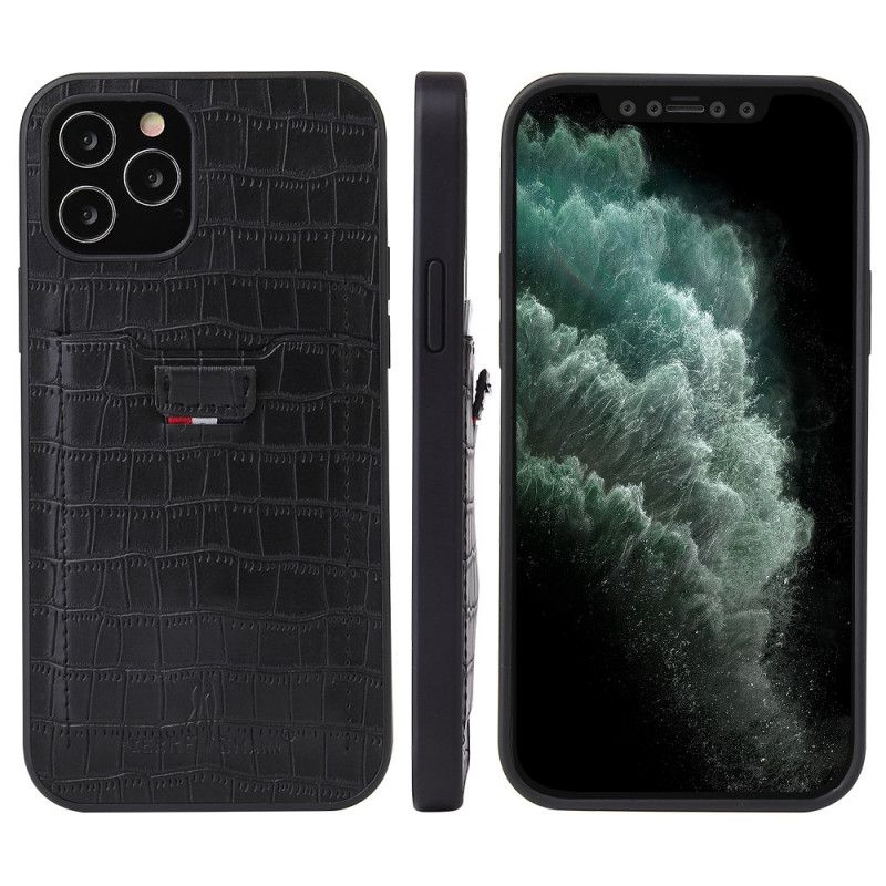 Hoesje iPhone 12 / 12 Pro Grijs Zwart Kaarthouder In Krokodillenleer-Stijl