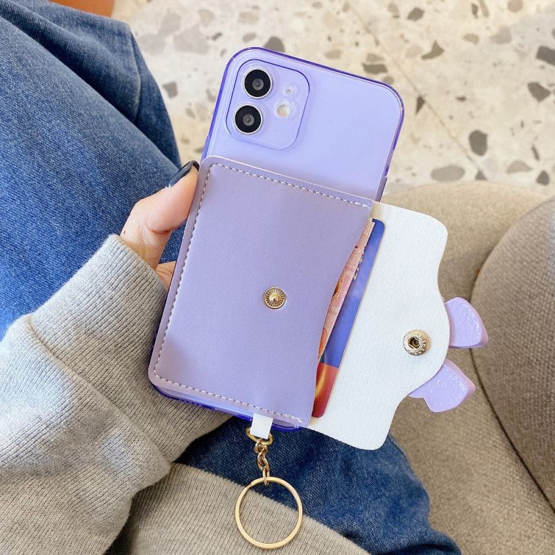 Hoesje iPhone 12 / 12 Pro Paars Geel Sleutelhanger Kaarthouder