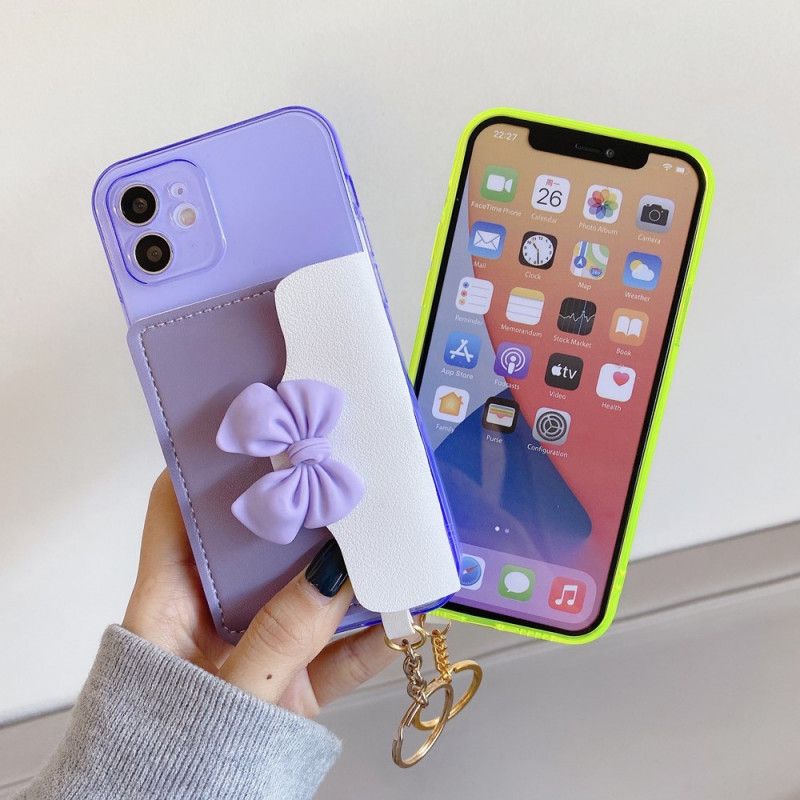 Hoesje iPhone 12 / 12 Pro Paars Geel Sleutelhanger Kaarthouder