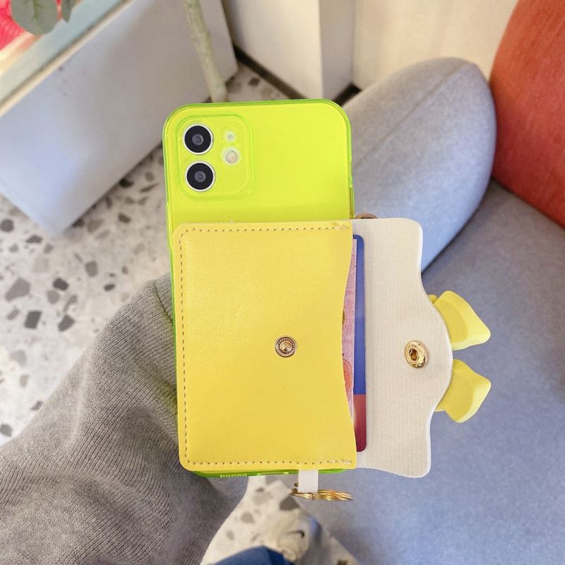 Hoesje iPhone 12 / 12 Pro Paars Geel Sleutelhanger Kaarthouder