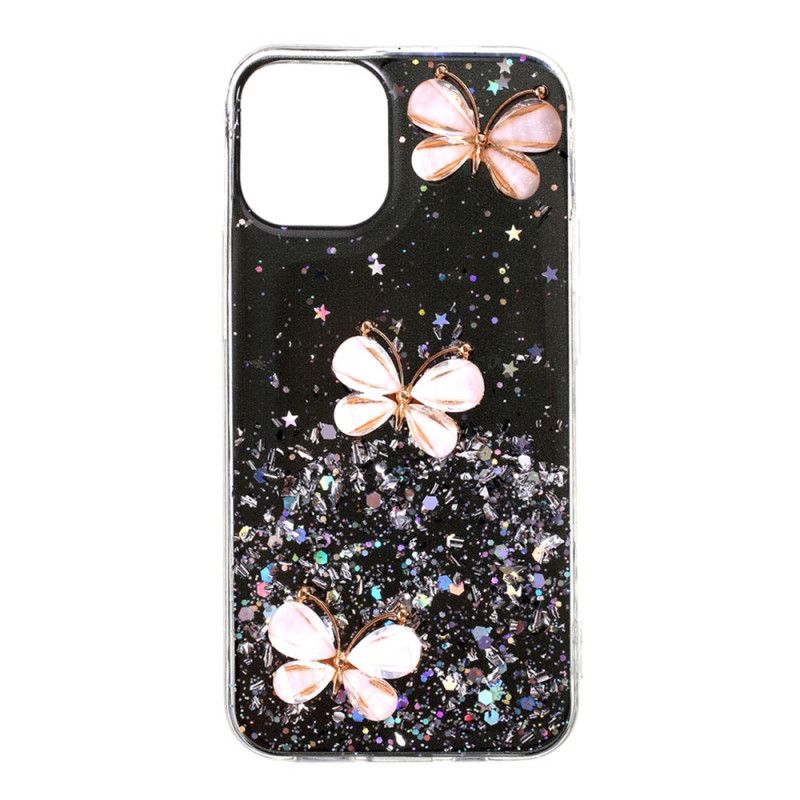 Hoesje iPhone 12 / 12 Pro Roze Zwart 3D Vlinder Glitter