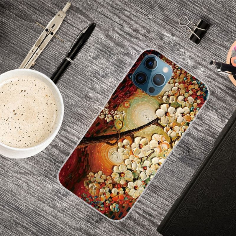 Hoesje voor iPhone 12 / 12 Pro Donkerblauw Oranje Flexibele Bloemen
