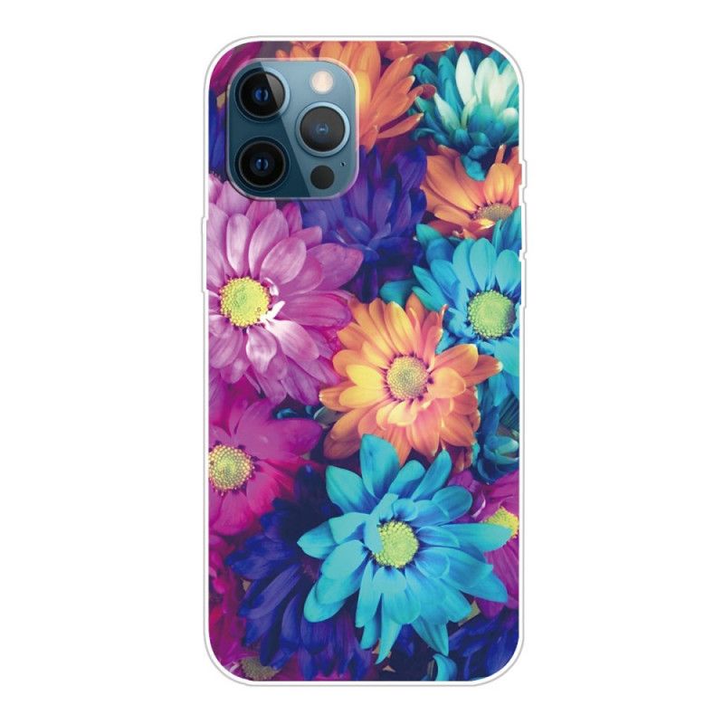 Hoesje voor iPhone 12 / 12 Pro Donkerblauw Oranje Flexibele Bloemen