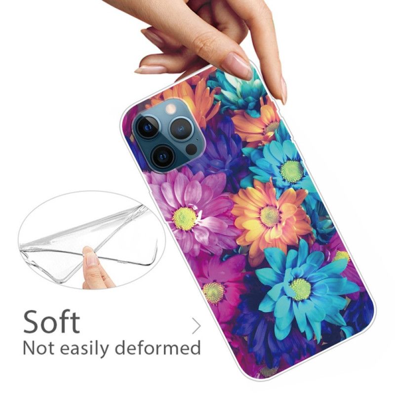 Hoesje voor iPhone 12 / 12 Pro Donkerblauw Oranje Flexibele Bloemen