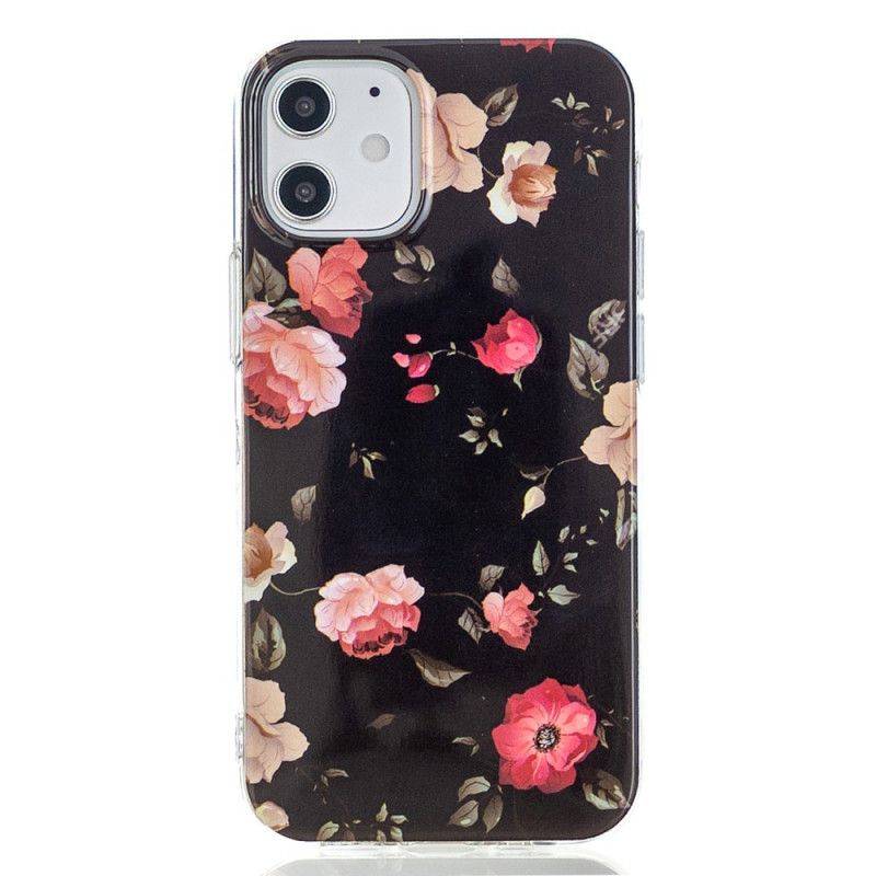 Hoesje voor iPhone 12 / 12 Pro Turkoois Zwart Fluorescerende Bloemenreeks