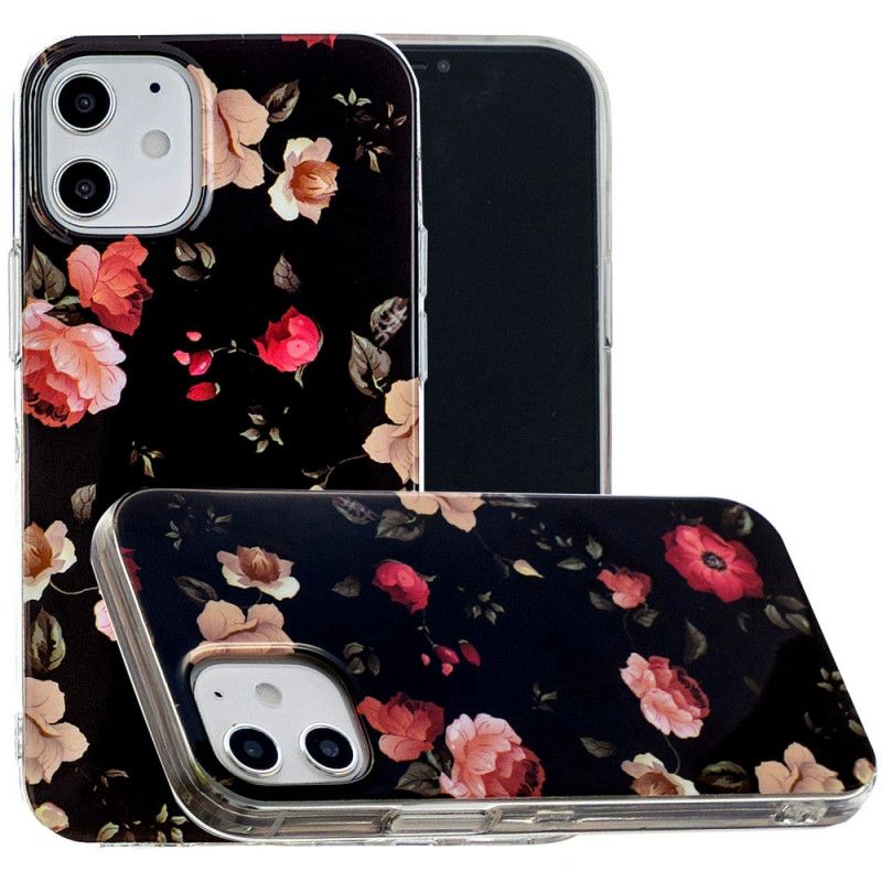 Hoesje voor iPhone 12 / 12 Pro Turkoois Zwart Fluorescerende Bloemenreeks