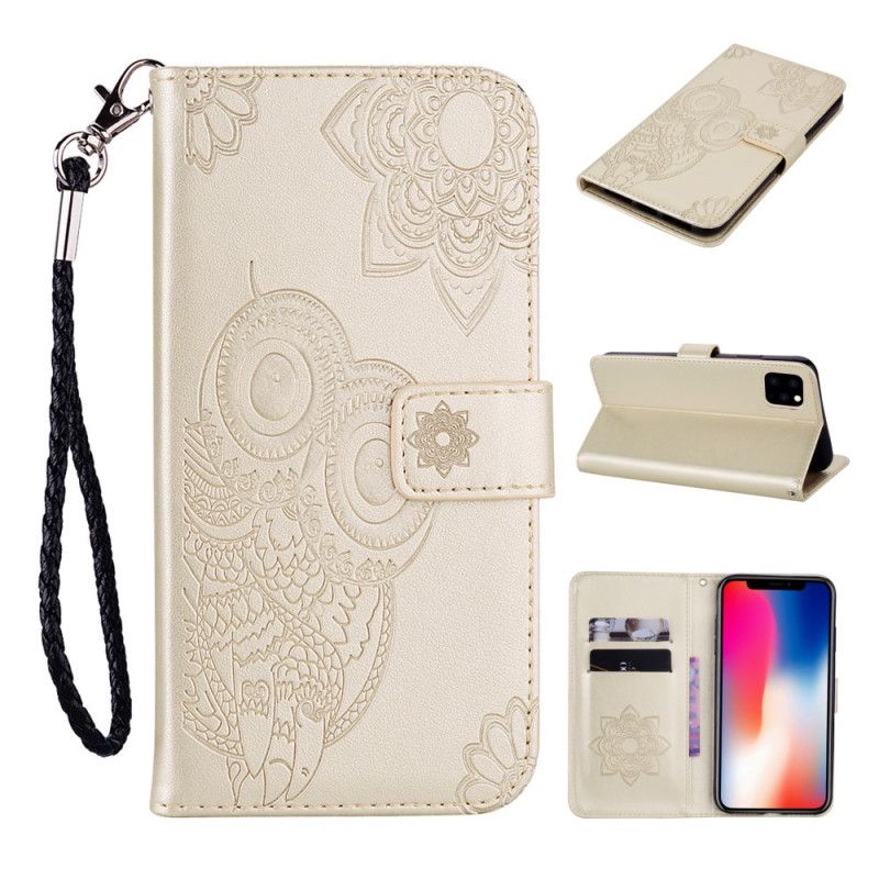 Leren Hoesje iPhone 12 / 12 Pro Goud Magenta Uil Mandala En String