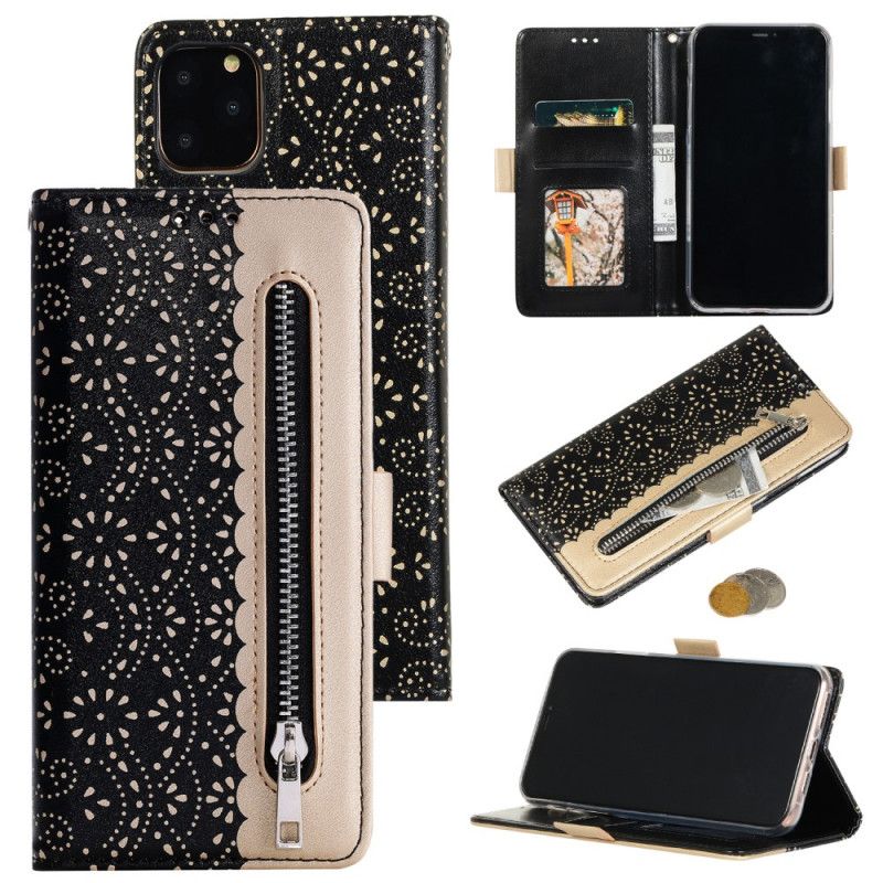 Leren Hoesje iPhone 12 / 12 Pro Magenta Zwart Portemonnee Met Kanten String