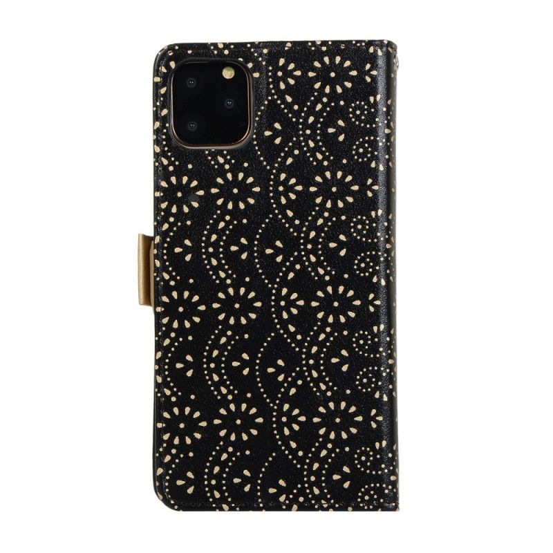 Leren Hoesje iPhone 12 / 12 Pro Magenta Zwart Portemonnee Met Kanten String