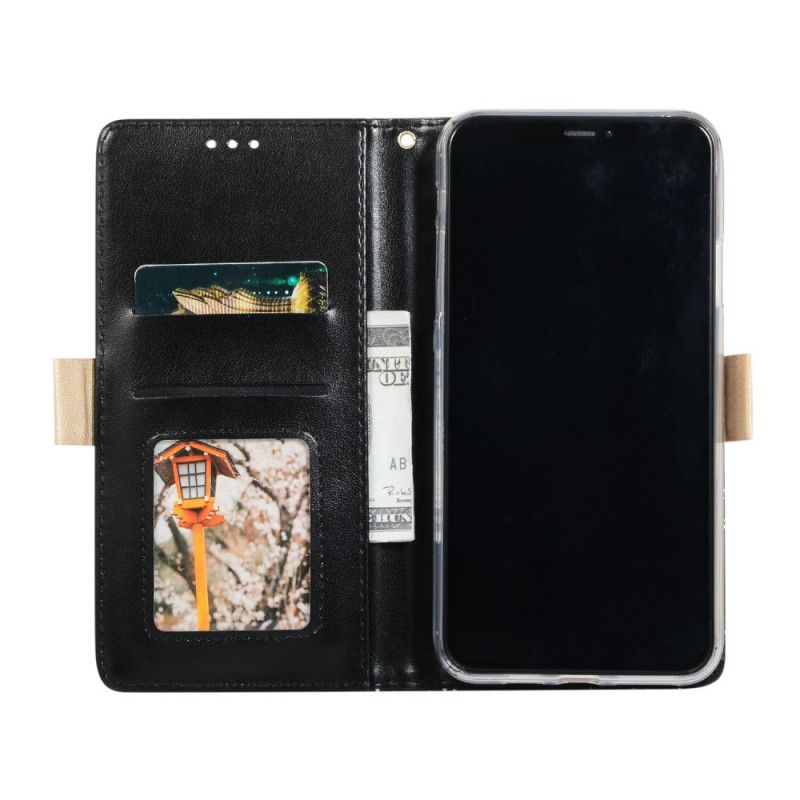 Leren Hoesje iPhone 12 / 12 Pro Magenta Zwart Portemonnee Met Kanten String