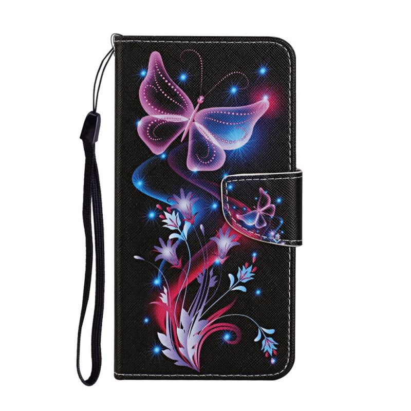 Leren Hoesje iPhone 12 / 12 Pro Wit Zwart Vlinders En String