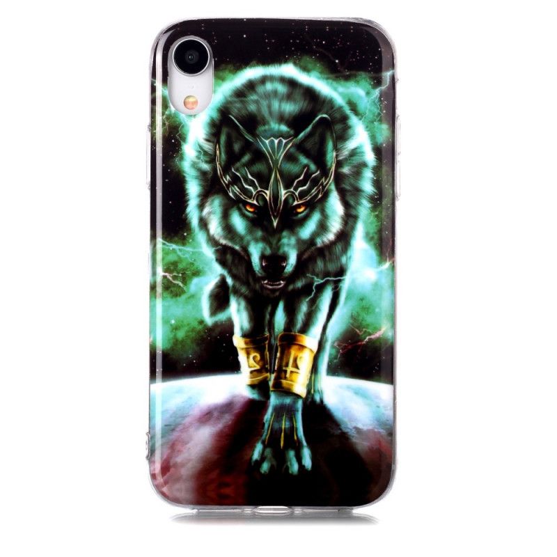 Hoesje iPhone XR Donkerblauw Zwart Serie Fluorescerende Wolven