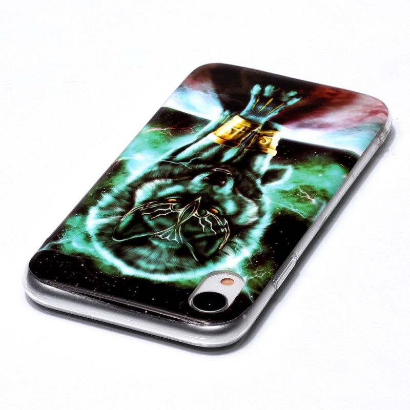 Hoesje iPhone XR Donkerblauw Zwart Serie Fluorescerende Wolven
