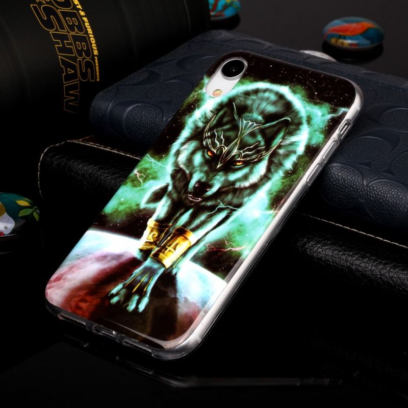 Hoesje iPhone XR Donkerblauw Zwart Serie Fluorescerende Wolven