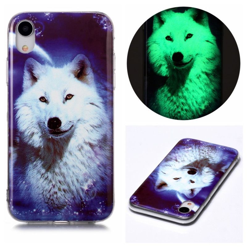 Hoesje iPhone XR Donkerblauw Zwart Serie Fluorescerende Wolven