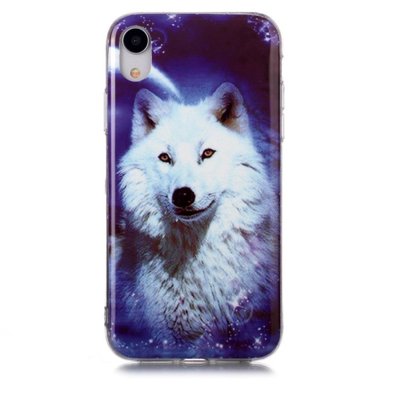 Hoesje iPhone XR Donkerblauw Zwart Serie Fluorescerende Wolven