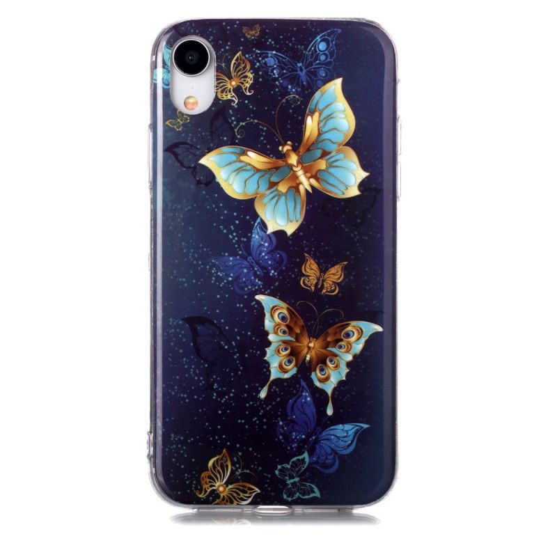 Hoesje iPhone XR Paars Lichtblauw Serie Fluorescerende Vlinder