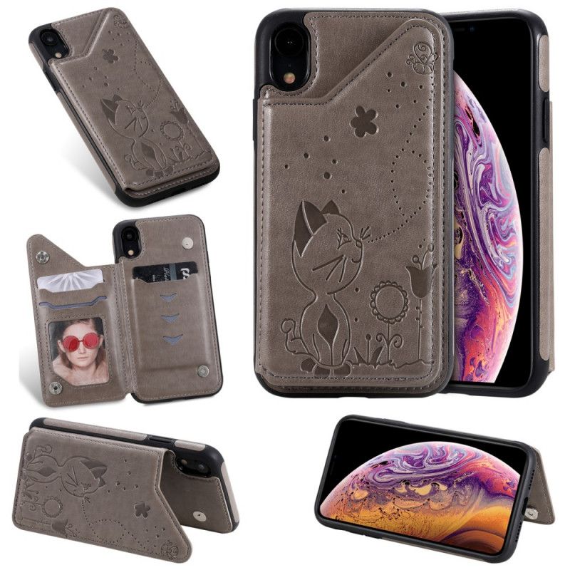 Hoesje voor iPhone XR Grijs Kunstlederen Kaarthouder Kattenhouder