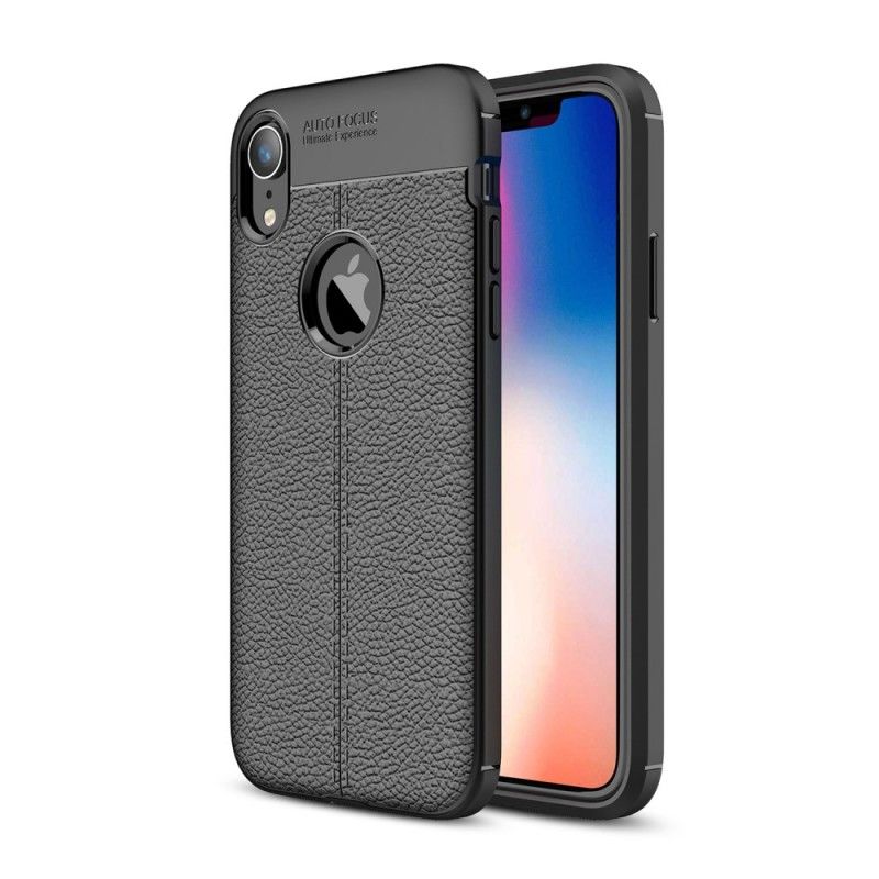 Hoesje voor iPhone XR Grijs Zwart Dubbellijns Lychee Leereffect