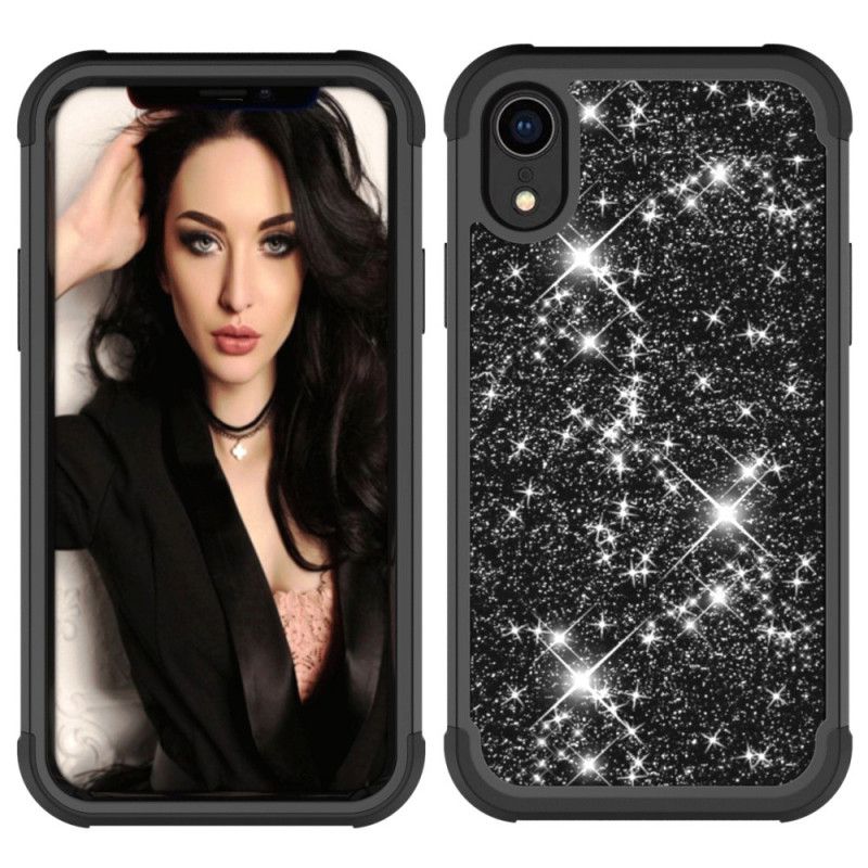 Hoesje voor iPhone XR Rood Zwart Hybride Glitter