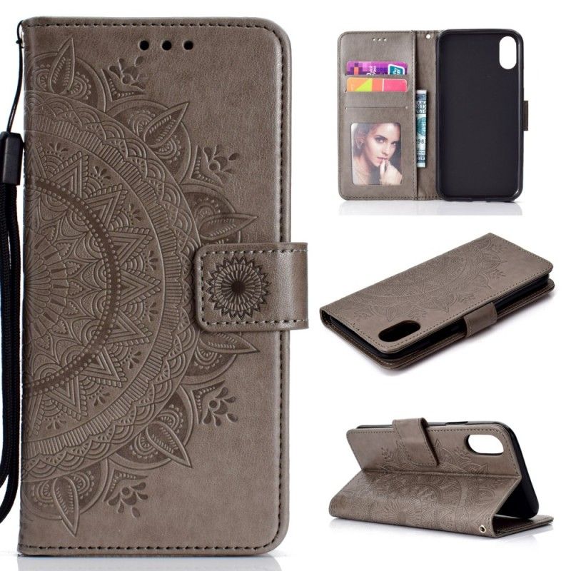 Leren Hoesje voor iPhone XR Magenta Grijs Zon Mandala