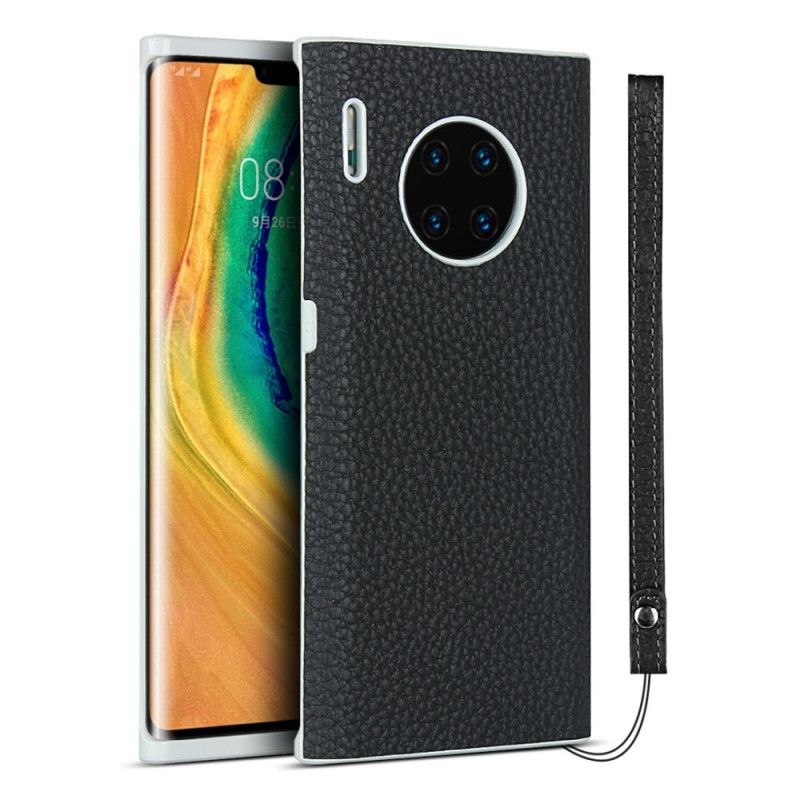 Hoesje voor Huawei Mate 30 Pro Grijs Zwart Echt Lychee Leer Met Riem