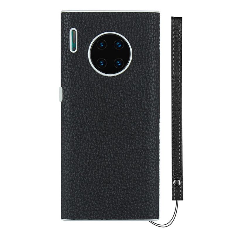Hoesje voor Huawei Mate 30 Pro Grijs Zwart Echt Lychee Leer Met Riem