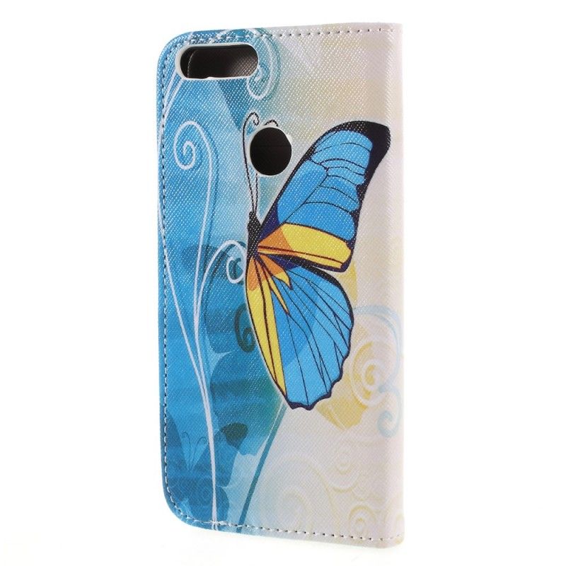Leren Hoesje Honor 9 Lite Paars Lichtblauw Telefoonhoesje Vlinders