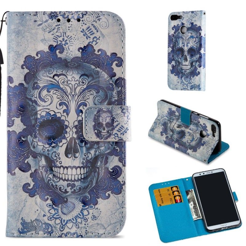 Leren Hoesje voor Honor 9 Lite 3D Blauwe Schedel