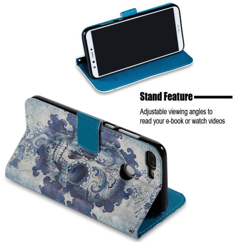 Leren Hoesje voor Honor 9 Lite 3D Blauwe Schedel