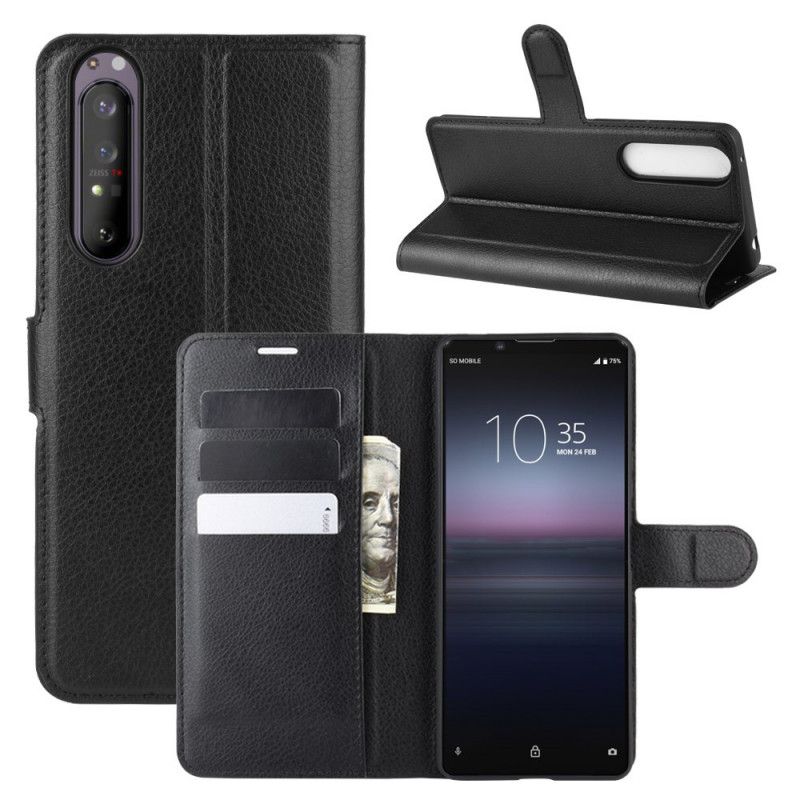 Cover Folio-hoesje Sony Xperia 1 II Wit Zwart Telefoonhoesje Lychee Kunstleer