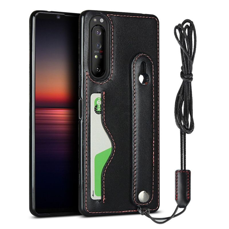 Hoesje Sony Xperia 1 II Rood Zwart Lederen Band En Kaarthouder