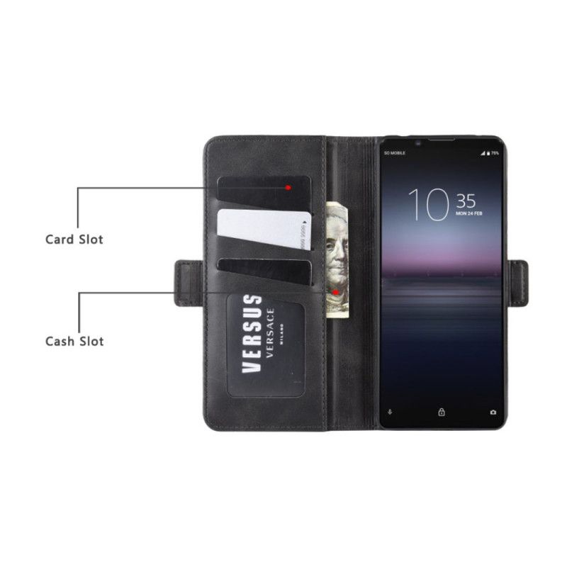Leren Hoesje Sony Xperia 1 II Donkerblauw Zwart Telefoonhoesje Dubbele Klep