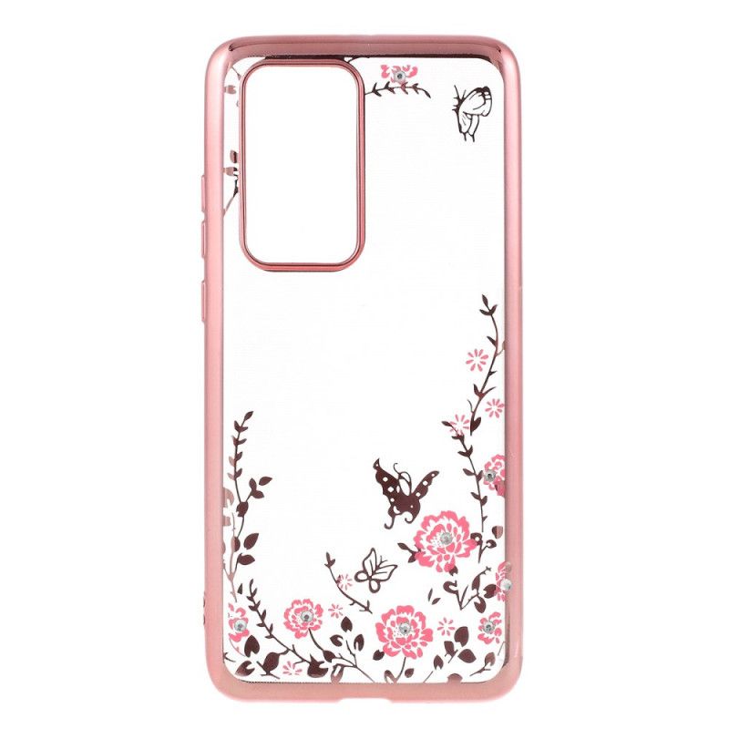 Hoesje Huawei P40 Pro Rose Goud Goud Metalen Effectrand Met Vlinders