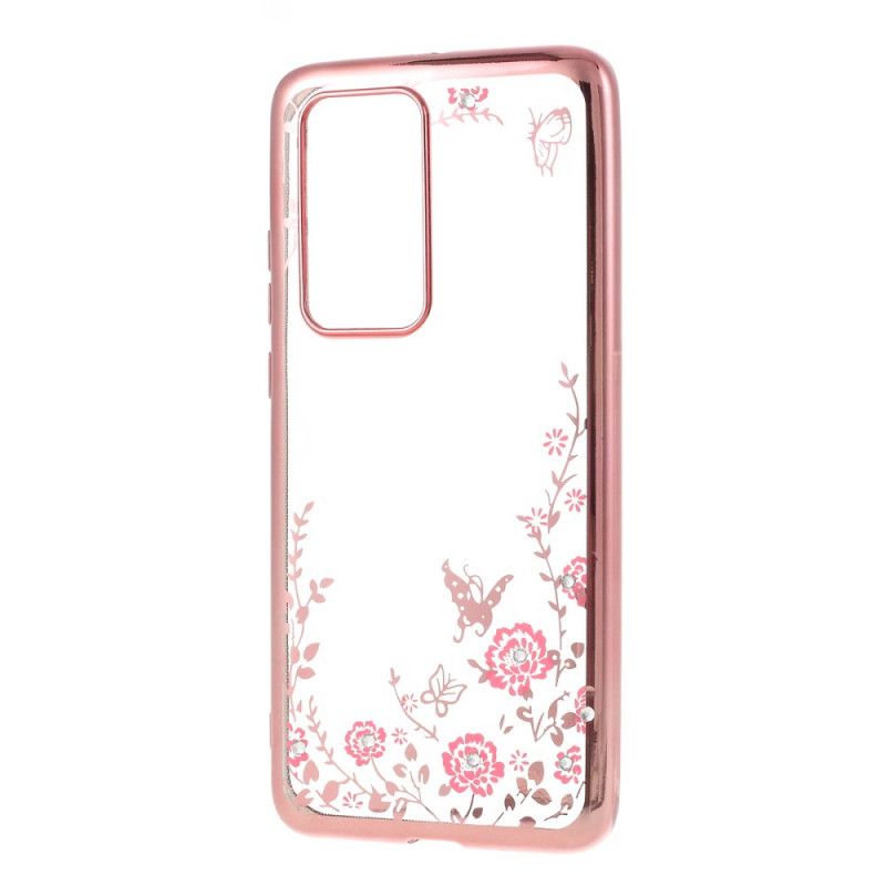 Hoesje Huawei P40 Pro Rose Goud Goud Metalen Effectrand Met Vlinders