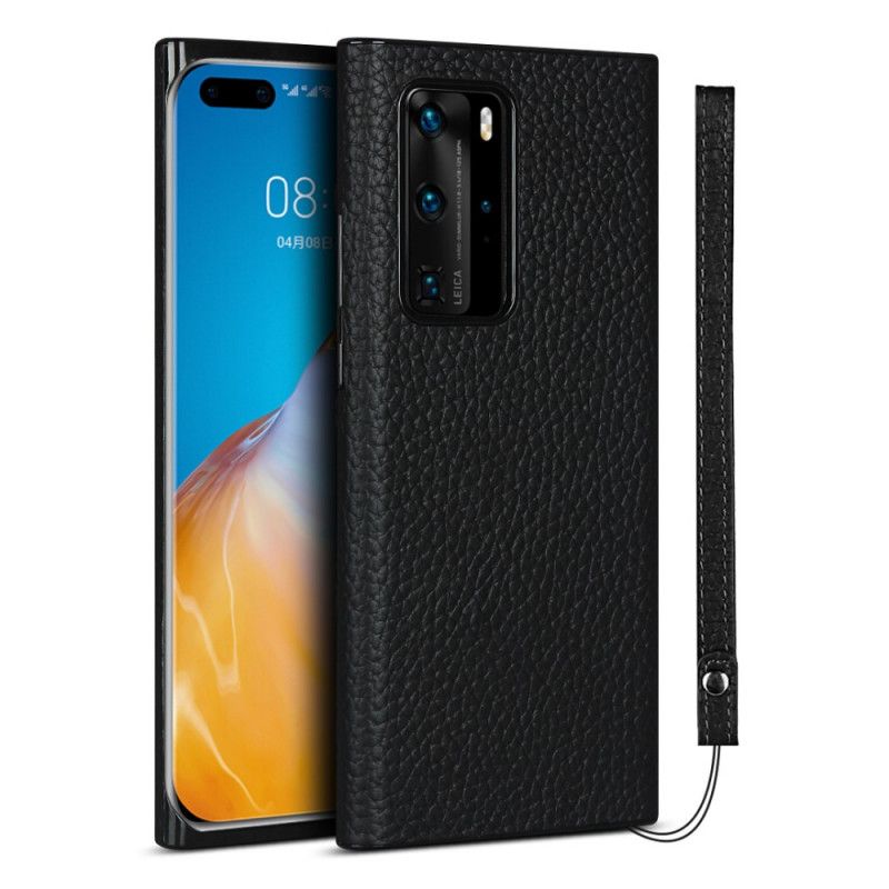 Hoesje voor Huawei P40 Pro Grijs Zwart Echt Lychee Leer Met Riem