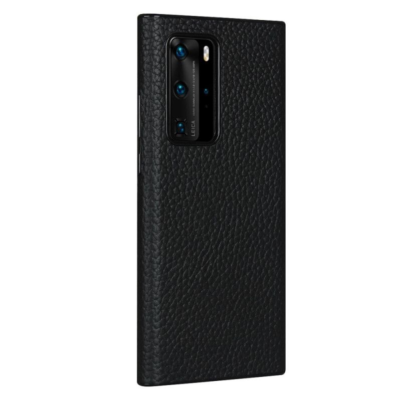Hoesje voor Huawei P40 Pro Grijs Zwart Echt Lychee Leer Met Riem