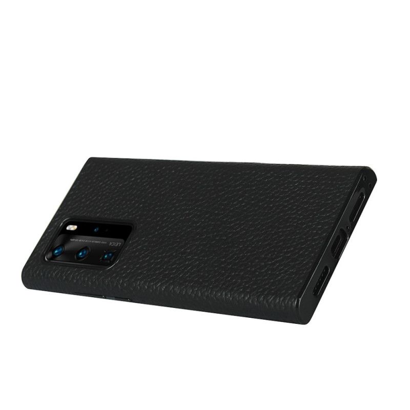 Hoesje voor Huawei P40 Pro Grijs Zwart Echt Lychee Leer Met Riem