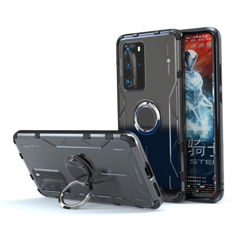 Hoesje voor Huawei P40 Pro Rood Zwart Metalen En Siliconen Steunring