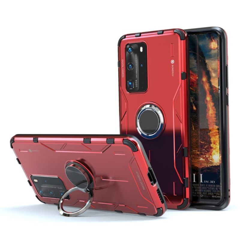 Hoesje voor Huawei P40 Pro Rood Zwart Metalen En Siliconen Steunring