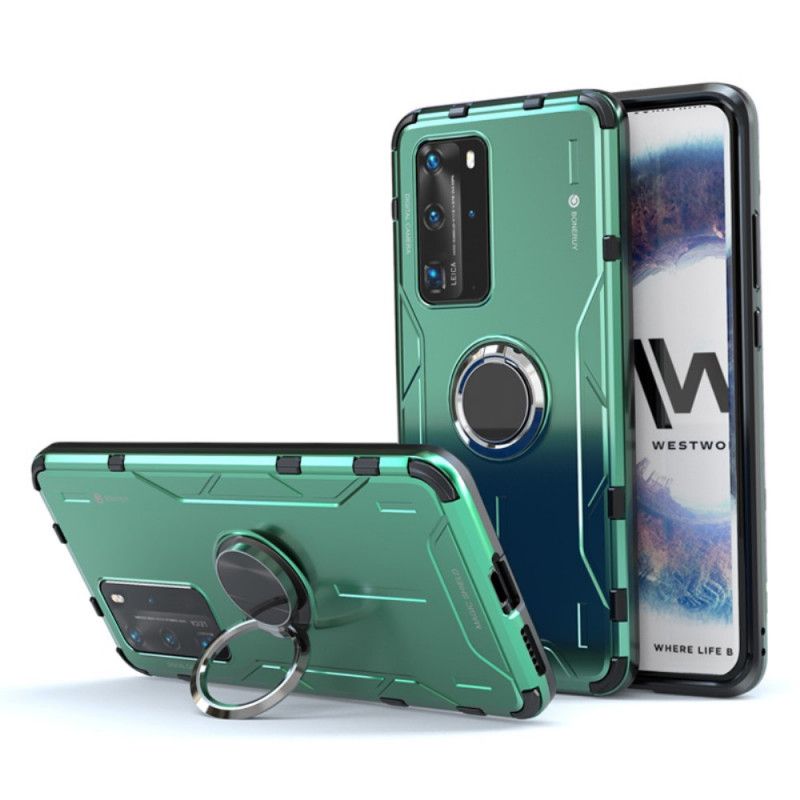 Hoesje voor Huawei P40 Pro Rood Zwart Metalen En Siliconen Steunring