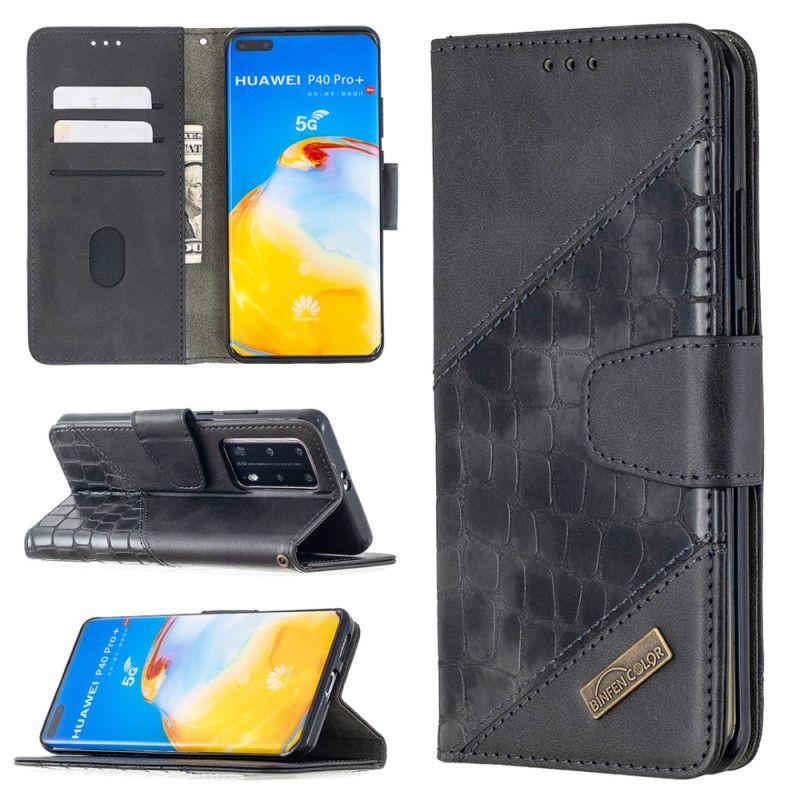 Leren Hoesje Huawei P40 Pro Grijs Zwart Klassiek Krokodillenleereffect